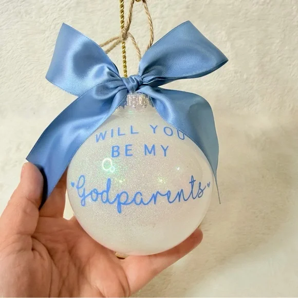 Will you be my Godparents White Glitter Ornament Baby Blue Bow Ribbon 5" - Picture 1 of 2